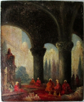 Arabs in Conversation in a Ruined Temple, oil on wooden panel, signed W. Mu