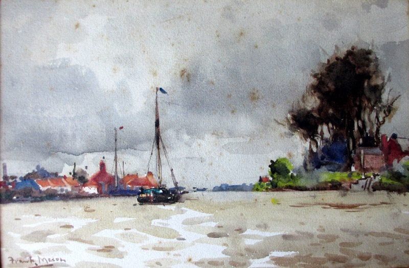 On the Trent, watercolour, signed Frank Mason, c1920.