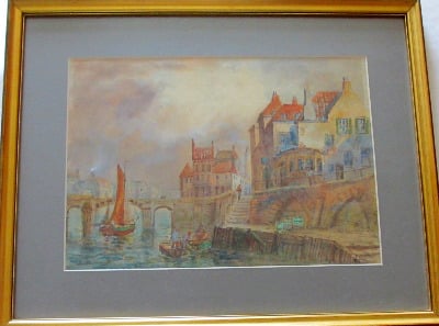 Whitby Harbour, watercolour and gouache on paper, signed E. Nevil, c1880.