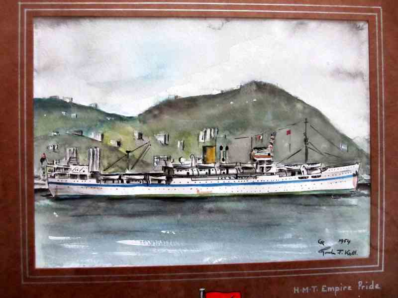 HMT Empire Pride, pen, ink and watercolour on paper, signed Gordon T. Kell, 1954. Framed and glazed.