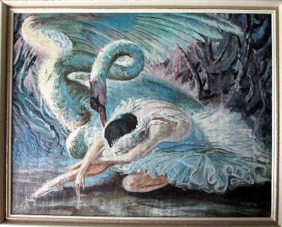 Swan Lake, oil on board, signed V.M. Potter. c1960.
