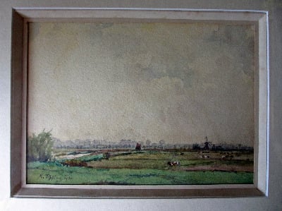 Suffolk Landscape, watercolour and gouache, signed K. Tipping 1921.