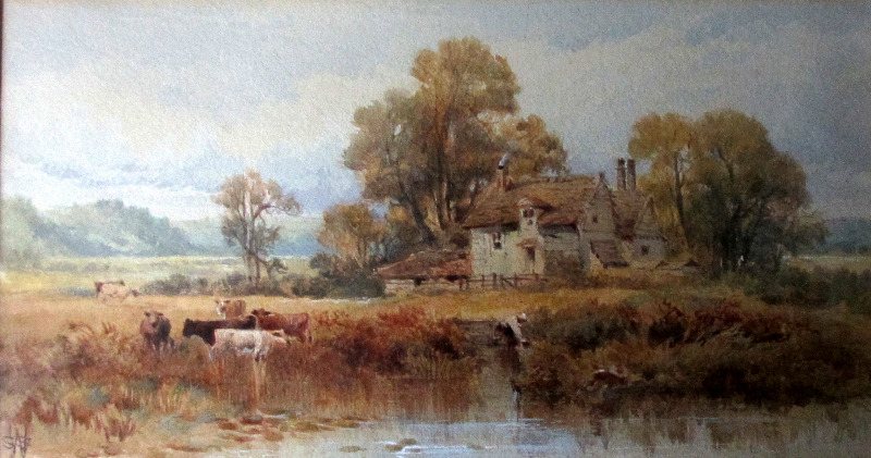 Cattle Watering on River Bank with herdswoman taking water from the steps, watercolour and gouache highlights on paper, signed monogram WSS. c1870. 