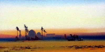 Arabian Scene at Dusk, gouache on paper, signed Fred. Alders. c1930.