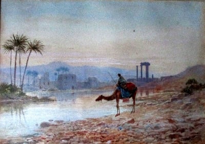 North African Oasis, The Watering Place, watercolour on paper, signed J.W.