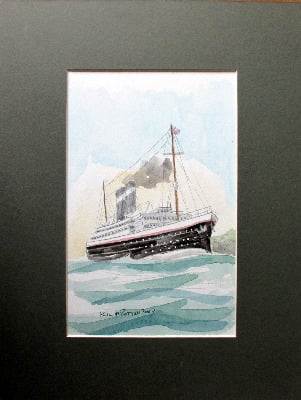 Passenger Ship off the Coast, watercolour on Blick card, signed Paul W. Rot