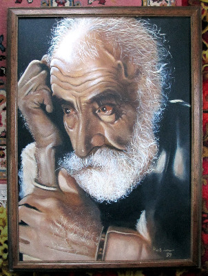 Retrospection, oil on hessian, signed Karim 89. 1989.