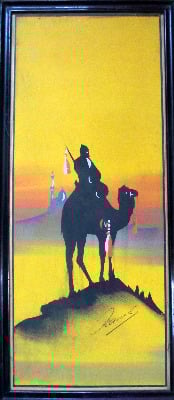 Camel and Rider in Silhouette at Dusk, gouache on paper, signed Hamed, c190