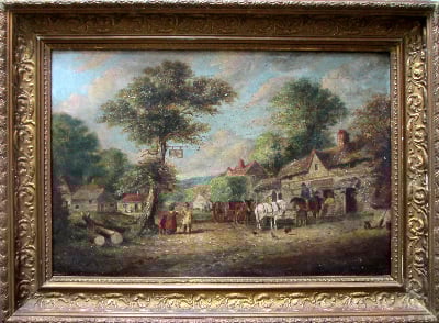 English Country Inn Scene with Figures and Horses, oil on canvas. Attribut