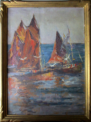 Soir Quiberon Bretagne, gouache on panel, signed G.- P. Guinegault 23. 1923