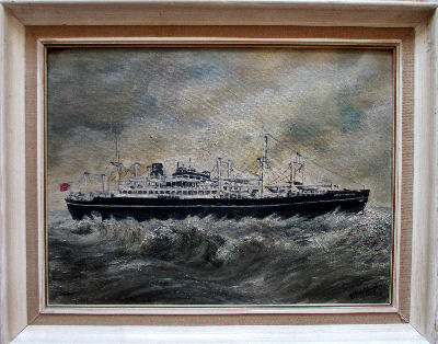 Houlder Line cargo ship mv Beacon Grange, oil on Daler board, signed EM Wyt