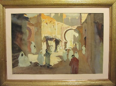 North African Street Scene, watercolour and gouache, signed Schmidt. c1930.