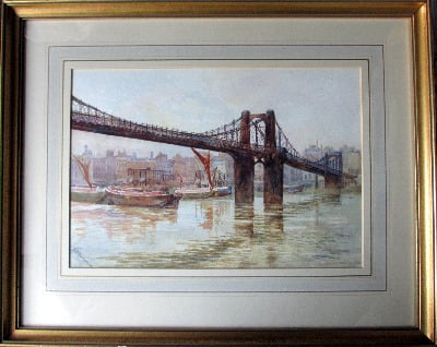 Old Lambeth Suspension Bridge, watercolour on paper, signed A.B. Furneaux.