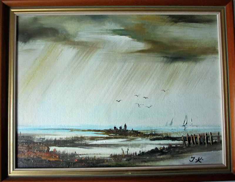 English Coastal Scene with Figures and Yachts, oil on board, signed monogram JK.