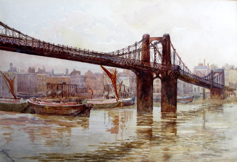 Old Lambeth Suspension Bridge, watercolour on paper, signed A.B. Furneaux. c1910.