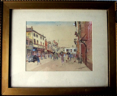 Loughborough Town Centre, watercolour, pen and ink on paper, signed L. Alls