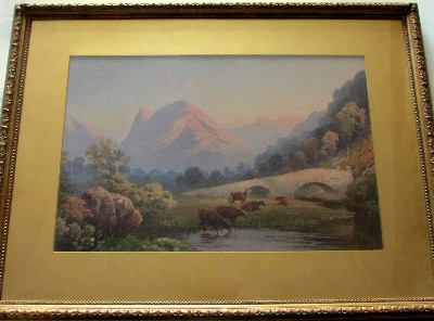 Evening River Landscape with Resting Cattle, watercolour on paper, attribut