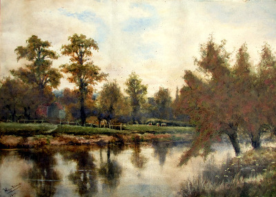 On the Severn near Shawley Wood, Worcestershire. Watercolour on paper, sign