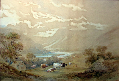 Cattle grazing in lakeside scene, watercolour on paper, signed H. Earp Senr