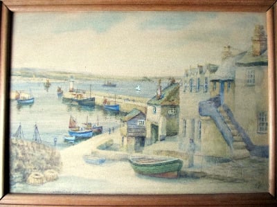 Newlyn Harbour, watercolour on Arne board, signed TH Victor, c1950.