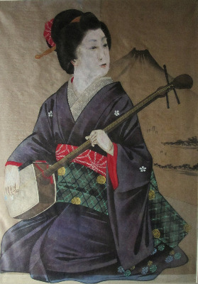 Geisha with Fujiyama, watercolour and gouache on silk. c1960. Framed and gl