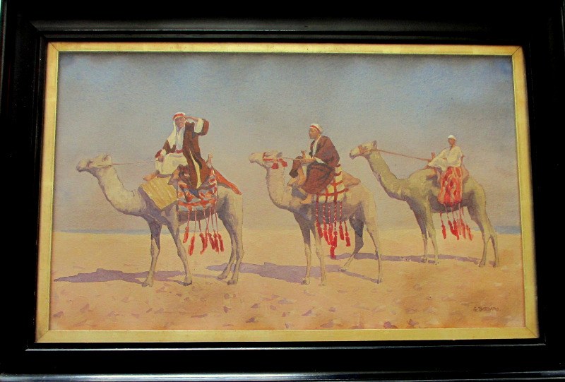 Barbaro, 3 Camels and Riders, watercolour, c1910.