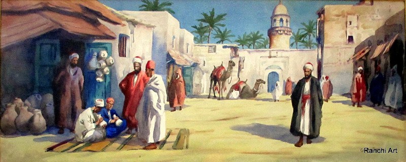 Egyptian Marketplace with Figures and Camels, watercolour on paper, signed Giovanni Barbaro. c1900.