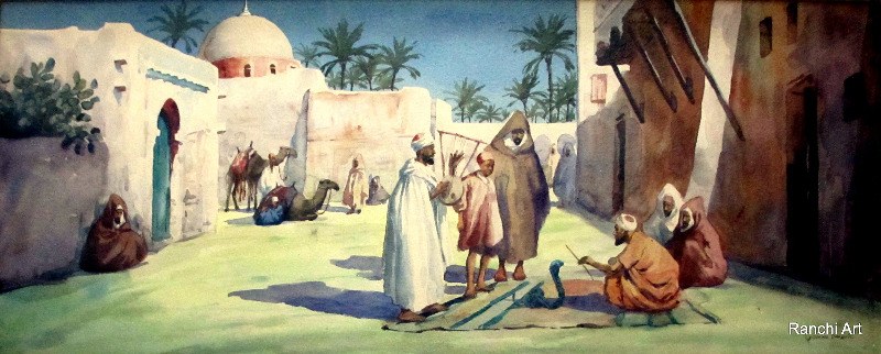 Egyptian Marketplace with Figures, Snake-Charmer and Camels, watercolour on paper, signed Giovanni Barbaro. c1900.