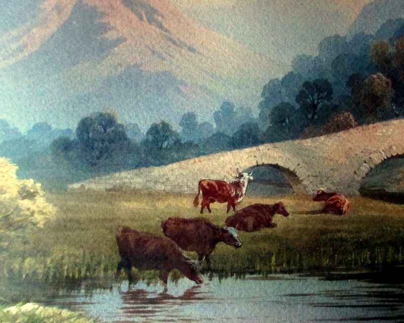 Evening River Landscape with Cattle, watercolour on paper, attributed to Edwin Earp. c1900.
