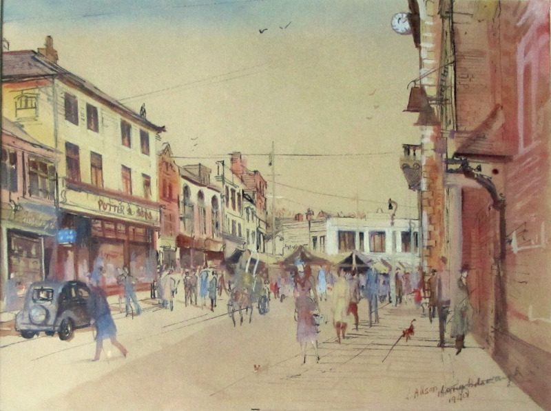 Loughborough Town Centre, watercolour, pen and ink on paper, signed L. Allsop, titled and dated 1940.