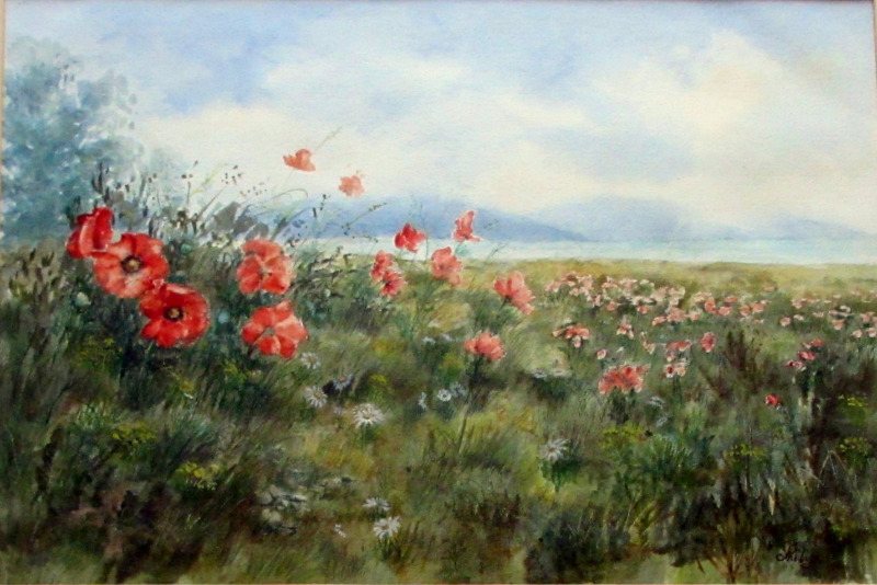 The Poppy Field, Sussex, watercolour on paper, signed Philip Watts, c1970.
