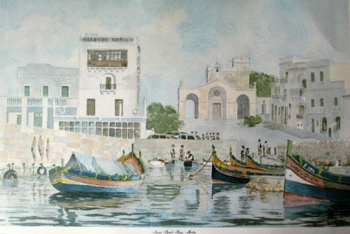 Saint Paul's Bay, Malta, signed J. Pace. Lithograph. c1970.