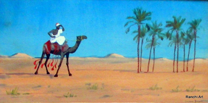 Camel and Rider in Desert Landscape signed Giovanni Barbaro. c1900.