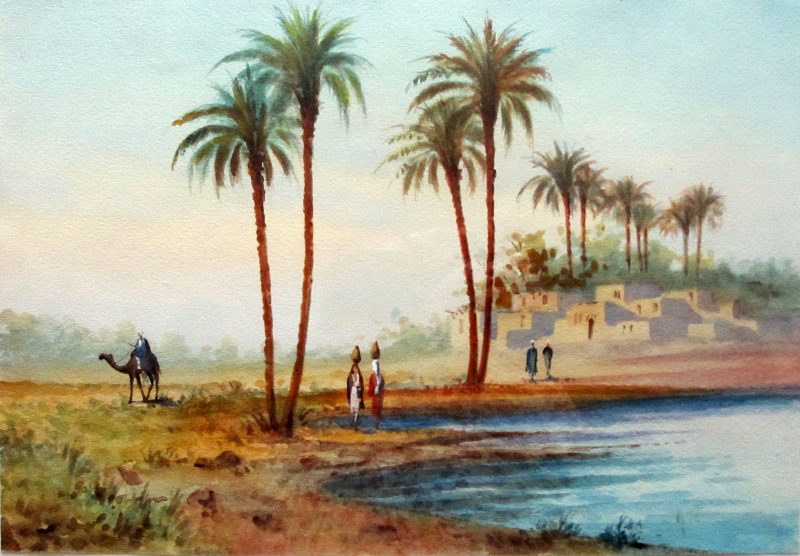 Orientalist study, Figures by the Water, watercolour, signed A. Marchettini. c1890.
