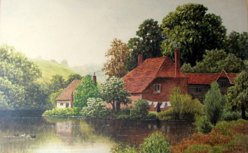 Domestic Riverside Landscape, watercolour, signed C.E. Donner 1921.