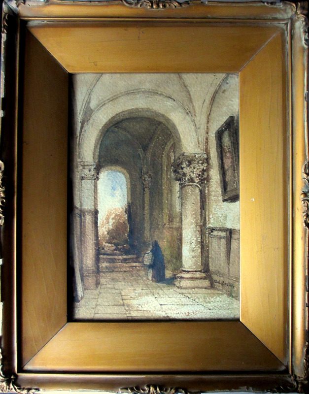 Continental Interior Scene with Norman Archway, watercolour, signed Paul Martin. c1860.