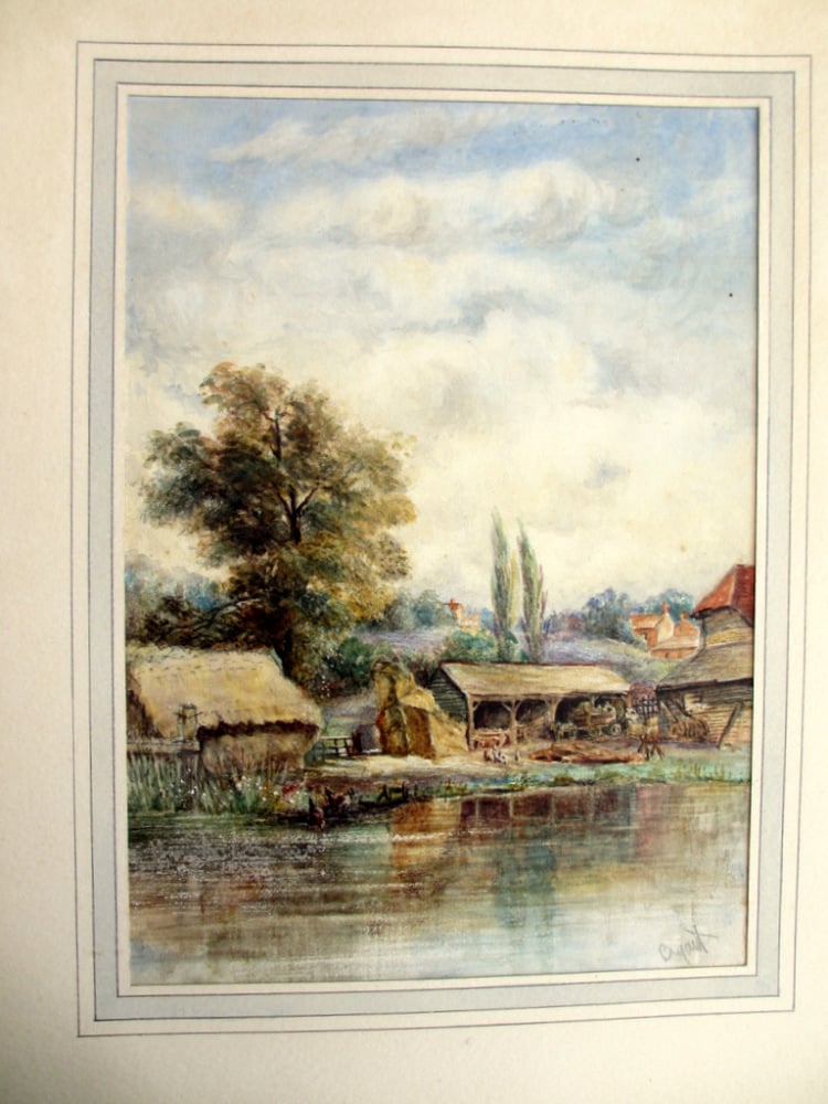 Riverside Farmyard Scene, watercolour, signed Bryant, c1880.