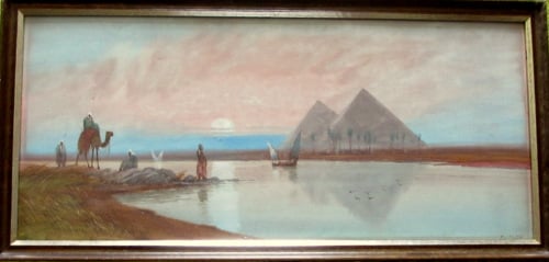 River Nile near Pyramids with Figures and Boats in Evening Moonlight, water