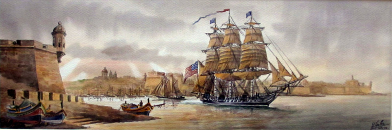 Grand Harbour Malta with USS Constitution leaving Nov 1804, watercolour, signed Ed. Galea, 1998.