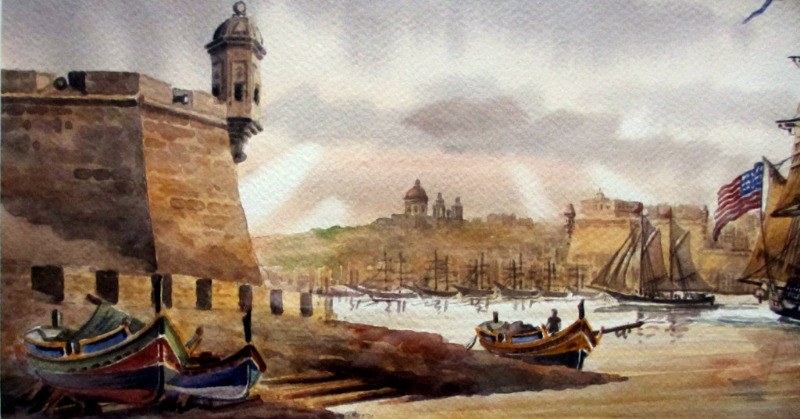 Grand Harbour Malta with USS Constitution leaving Nov 1804, watercolour, signed Ed. Galea, 1998. Detail.