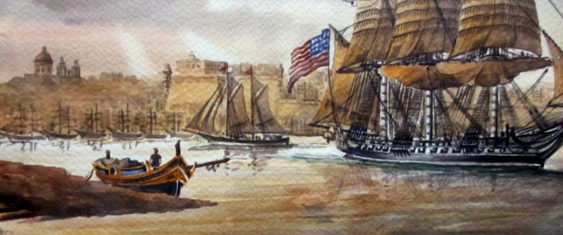 Grand Harbour Malta with USS Constitution leaving Nov 1804, watercolour, signed Ed. Galea, 1998. Detail.