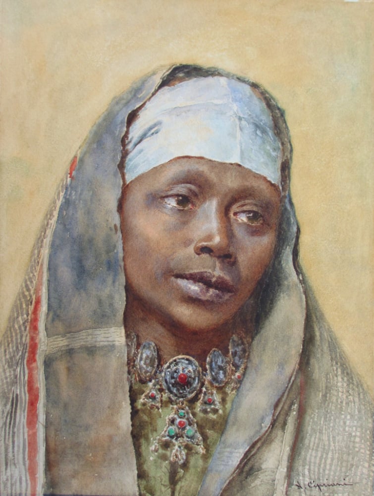Portrait of an Arab Woman, watercolour, signed N. Cipriani, c1890.  