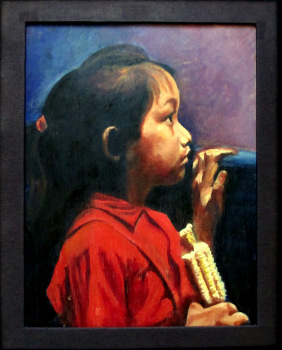 Profile Portrait Asian Girl Eating Corn, oil on board, attributed to  A.W. Hannaford. c1940. 