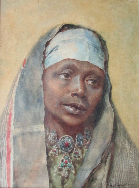 Portrait of an Arab Woman, watercolour on paper, signed N. Cipriani, c1890. Detail.