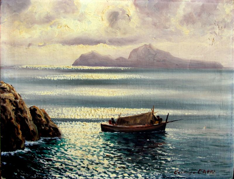 Capri Viewed from Sorrento Peninsula at Dusk with Fishing Boat, oil on canvas, signed Costanzi Capri. c1920.