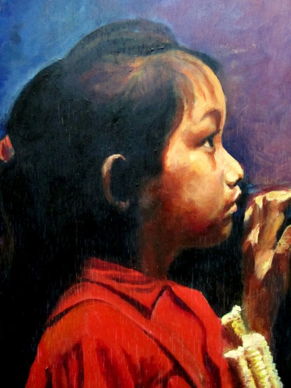 Profile Portrait of an Asian Girl eating Corn, oil on board, A.W. Hannaford. c1940.