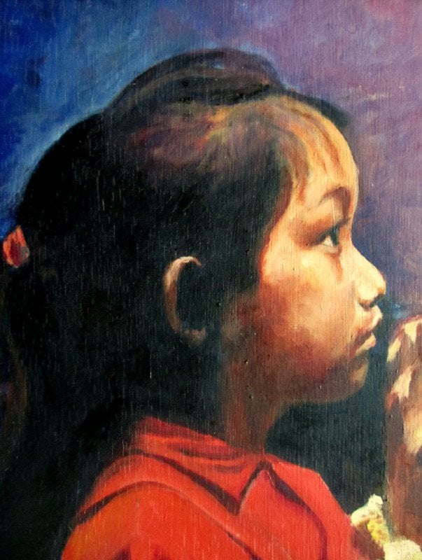 Profile Portrait of an Asian Girl eating Corn, oil on board, A.W. Hannaford. c1940. Detail.
