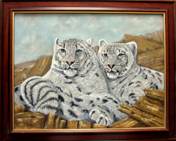 Pair of Snow Leopards, oil on canvas, signed James Noble, c1980. Framed.