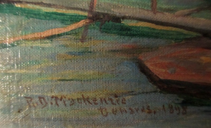 Benares, oil on canvas laid to board, signed R.D. MacKenzie 1898. Detail. Signature, title and date.