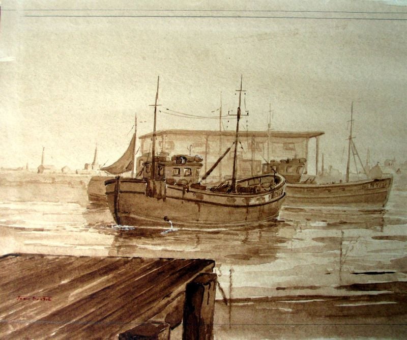 The Harbour Bridlington, watercolour signed Jame North. c1980.